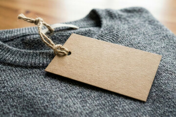 Brown kraft paper price tag mockup on grey knitted sweater