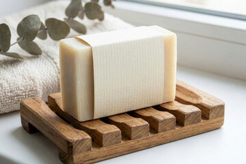 Natural soap bar mockup with paper sleeve on wooden tray
