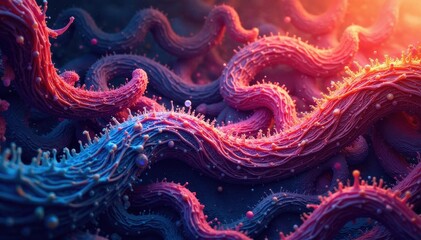 Intricate, intertwined organic forms in vibrant hues, lime, colorful