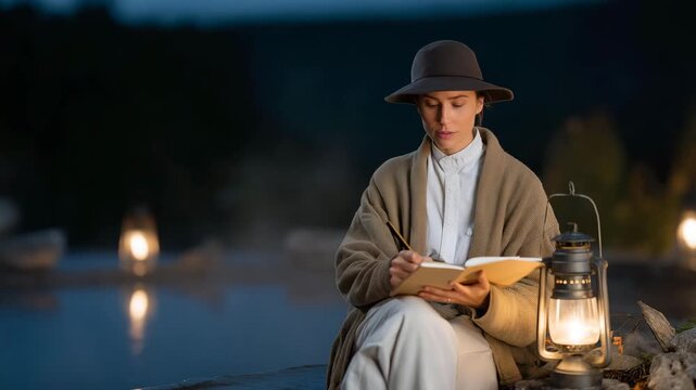 A solo adventurer writes in a journal beside a tranquil hot spring at twilight, lantern light flickering against swirling steam and casting reflections across the smooth, glassy water. cinematic