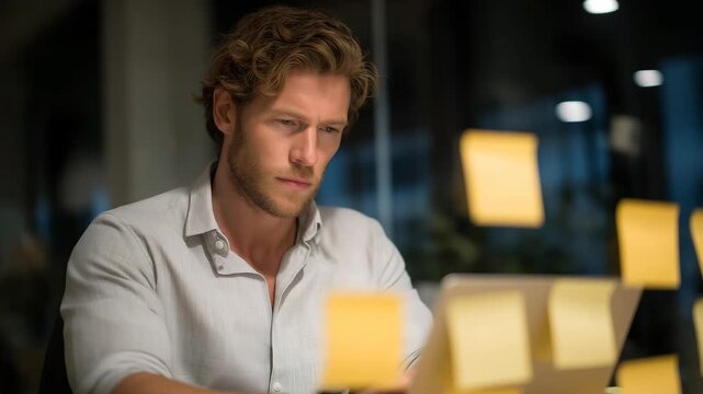 A startup founder typing furiously on a laptop during a looming deadline, sticky notes scattered everywhere as sunlight fades behind the office blinds &mdash; business urgency, productivity pressure, and