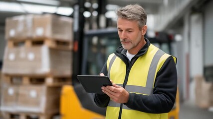 A warehouse worker checking pallets on truck scales before shipment, forklifts moving in the background as data updates on a rugged tablet — supply chain efficiency, freight management, and modern - Powered by Adobe
