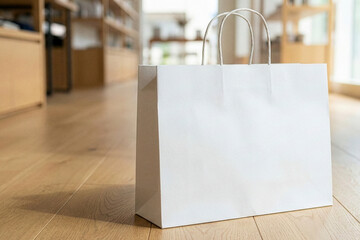 White paper shopping bag mockup standing on wooden floor