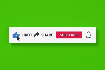 Red youtube subscribe button with notification bell and icons for like comment and share on a green background