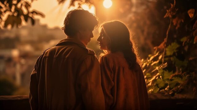 Backlit couple embracing in a sunlit park at dusk symbolizing love comfort and supportive companionship