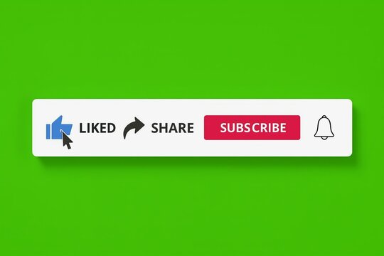 Red youtube subscribe button with notification bell and icons for like comment and share on a green background