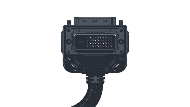 Close-up view of a black DVI connector with its cable attached.