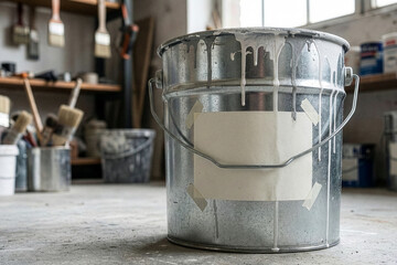 Metal paint bucket mockup with drips and blank label