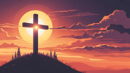 Cross on a hill at sunset with vibrant orange sky