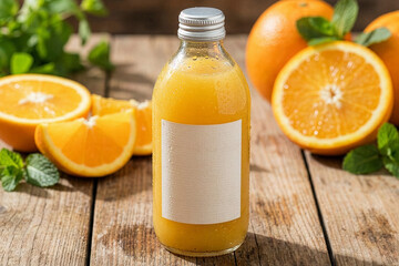 Glass juice bottle mockup with blank label and fresh oranges