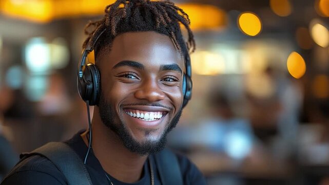 Smiling Face: Portrait of a young person radiating joy as they enjoy music, their headphones framing a captivating smile, set against a blurred background of warm, inviting lights.