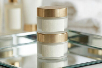 Stacked frosted glass cosmetic jars mockup with gold lids