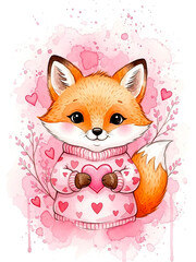 A charming fox in a pink heart-pattern sweater, rendered in watercolor with a soft pink background. Ideal for Valentine-themed designs, children's cards, gifts, and cheerful branding.