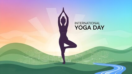 International Yoga Day Vector Illustration with Woman in Tree Pose Silhouette and Gradient Nature Background