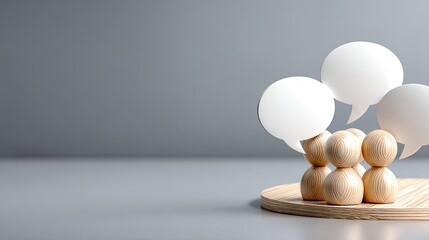 Wooden figures are exchanging ideas in an office context with speech bubbles above their heads in a minimalistic scene