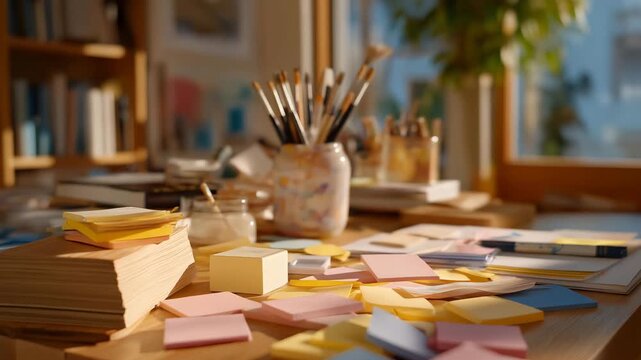 An artist's workspace is transformed with scattered sticky notes in various colors, serving as reminders and ideas, alongside paint supplies and sketches, highlighting a creative process in action.