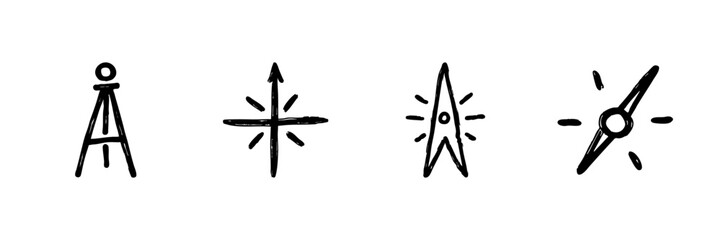 Compass And Navigation Symbols Line Icon Set In Doodle Style. Directional Guidance, Exploration, And Mapping Outline Sketch Collection. Hand Drawn Isolated Vector Illustration