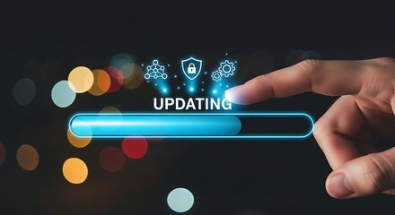 Hand touching a glowing UPDATING bar with security and data icons, symbolizing system updates and digital security.