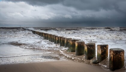 Groynes Stretching Into The Rough Sea On A Cloudy Day At The Beach