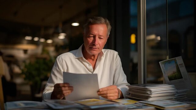 An older man sits at a bustling café table, meticulously folding and organizing a stack of flyers while preparing to distribute them to nearby customers to promote his small business