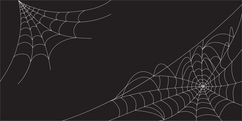 Corner Cobweb, isolated on black, transparent background. Spiderweb for Halloween design. Spider web elements, spooky, scary, horror halloween decor.