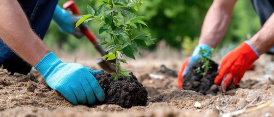 Fototapeta premium People work together to plant new trees in a garden, using gloves and focused on the task in an outdoor setting