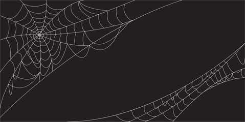 Corner Cobweb, isolated on black, transparent background. Spiderweb for Halloween design. Spider web elements, spooky, scary, horror halloween decor.