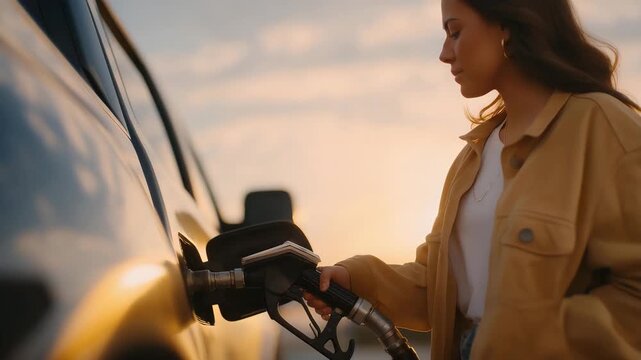 Autogas refueling moment showing fuel pump gun connected to vehicle, person standing nearby, emphasizing LPG usage, cost saving fuel, and modern driving habits. cinematic color correction, natural