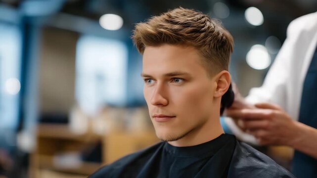 A hairstylist shaping a precise fade haircut in a trendy barbershop, clippers buzzing as clean lines and sharp angles emerge &mdash; professional grooming, modern barber culture, and high-detail