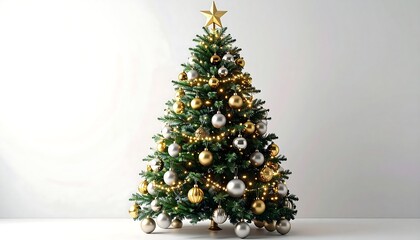 A fully decorated, artificial evergreen tree with gold ornaments, silver baubles, and warm twinkling lights, topped by a golden star