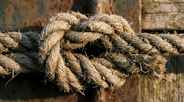Close macro of old rope knot with frayed fibers and wear, soft side lighting and detailed rope texture