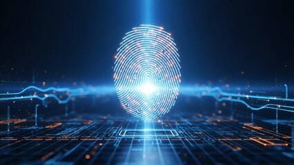 Advanced biometric fingerprint scanning for secure digital identity verification, representing modern data security and access control technology on a glowing circuit board background