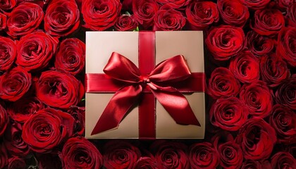 A Gift Box With A Large Red Fabric Ribbon Bow Surrounded By Red Roses