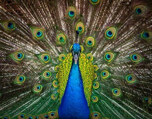 Obraz premium A frontal view captures an elegant bird's vibrant plumage fanned out, showcasing intricate patterns and brilliant colors