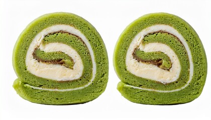 Two Slices Of Green Matcha Swiss Roll Cake With Cream Filling Isolated On A Transparent Background