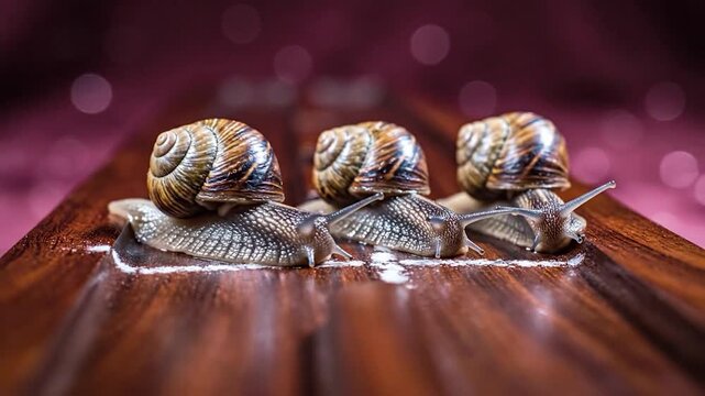 Three snails in a line on a polished surface
