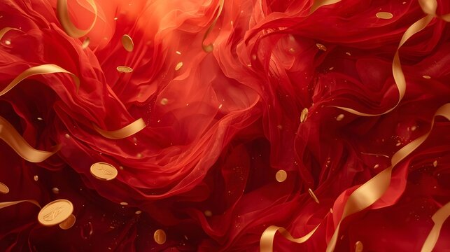 Luxurious Red Silk Fabric Background with Falling Gold Confetti for Chinese New Year Celebration Banner