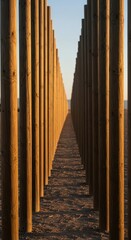 Obraz premium Parallel wooden posts create a strong vanishing point perspective across sandy ground toward the horizon.