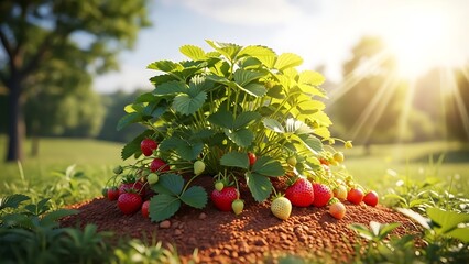 a vibrant strawberry plant with ripe red berries basking in the warm sunlight