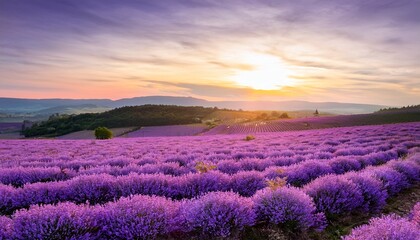 Purple Lavender Field Sunset Landscape Photography Scenic Beauty Nature Background Image Stock Photo