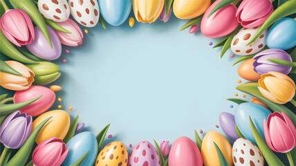 Easter egg and tulip wreath on light blue background