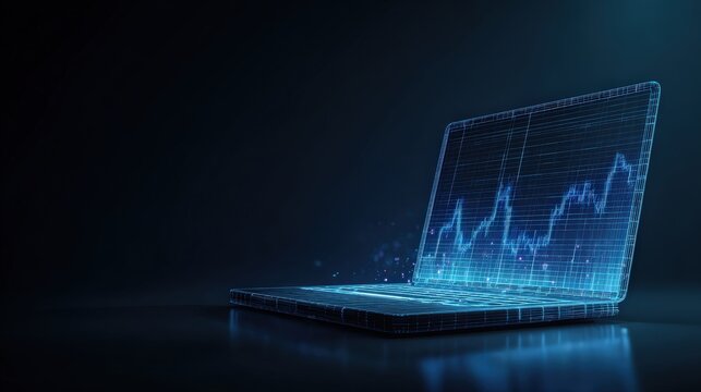 A digital representation of a laptop showcases a glowing stock market chart, symbolizing technology in the realm of business and finance. ..Created with Generative AI, not depicting real subjects.