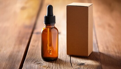 Amber Glass Dropper Bottle With Cardboard Box On Wooden Surface