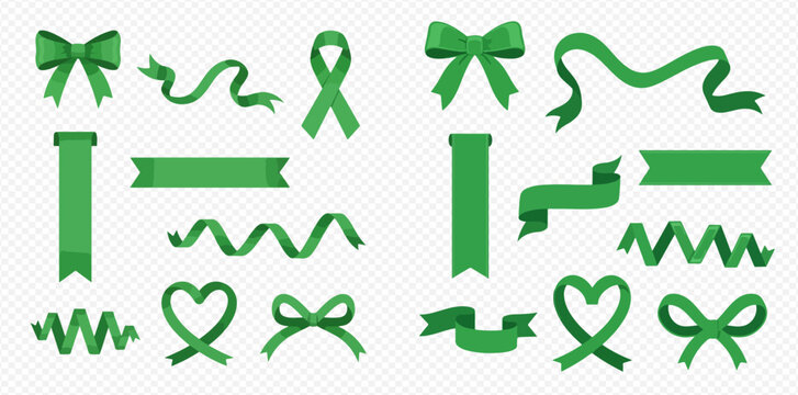 Collection of green ribbons and bows in various shapes and styles for decoration and design elements.