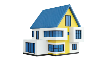 Modern Yellow and White House with Blue Roof