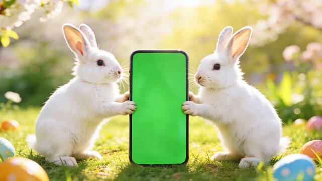 Easter white bunnies hold a smartphone with a chrome case screen, surrounded by gold eggs on a sunny day in a blossoming garden. Tech gadget for pets, online shopping concept, copy space