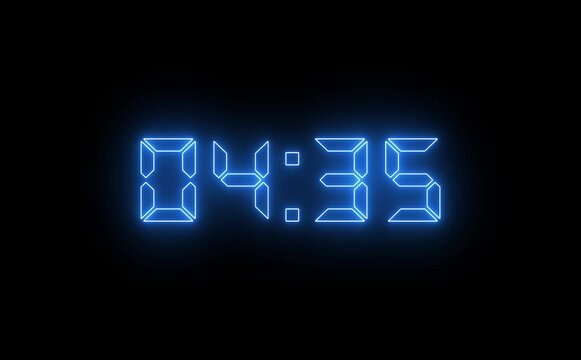 Animation of glowing neon icon ,5 minute countdown timer .5 minute stopwatch , analog icon animation .Dynamic 5 Minute Countdown Animation Engaging Timer Visuals for Events,