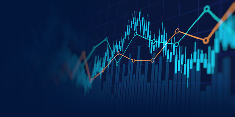 financial chart with uptrend line candlestick graph in stock market on blue color background © iamchamp