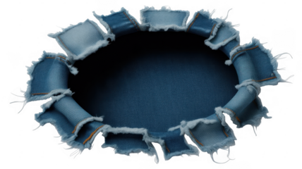 Torn denim circle with frayed edges and dark blue center isolated on a transparent background