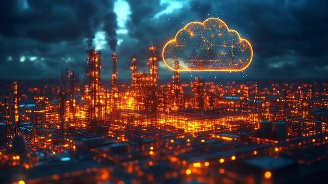 Digital Industry: A cutting-edge digital rendition of an industry, depicting a harmonious blend of technology and industrial landscape, with a luminous cloud symbol overhead